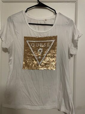 GUESS White Short Sleeve Tee with Gold Sequin Logo Panel
